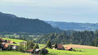 Aussicht auf Huegel und Wiesen